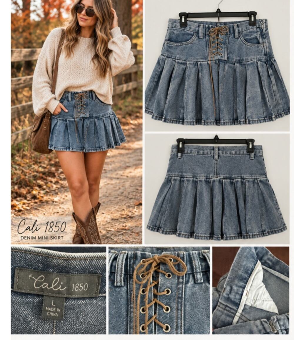 Cali 1850 Womens L Denim Pleated Mini Skirt Lace Up Corset Y2K Western